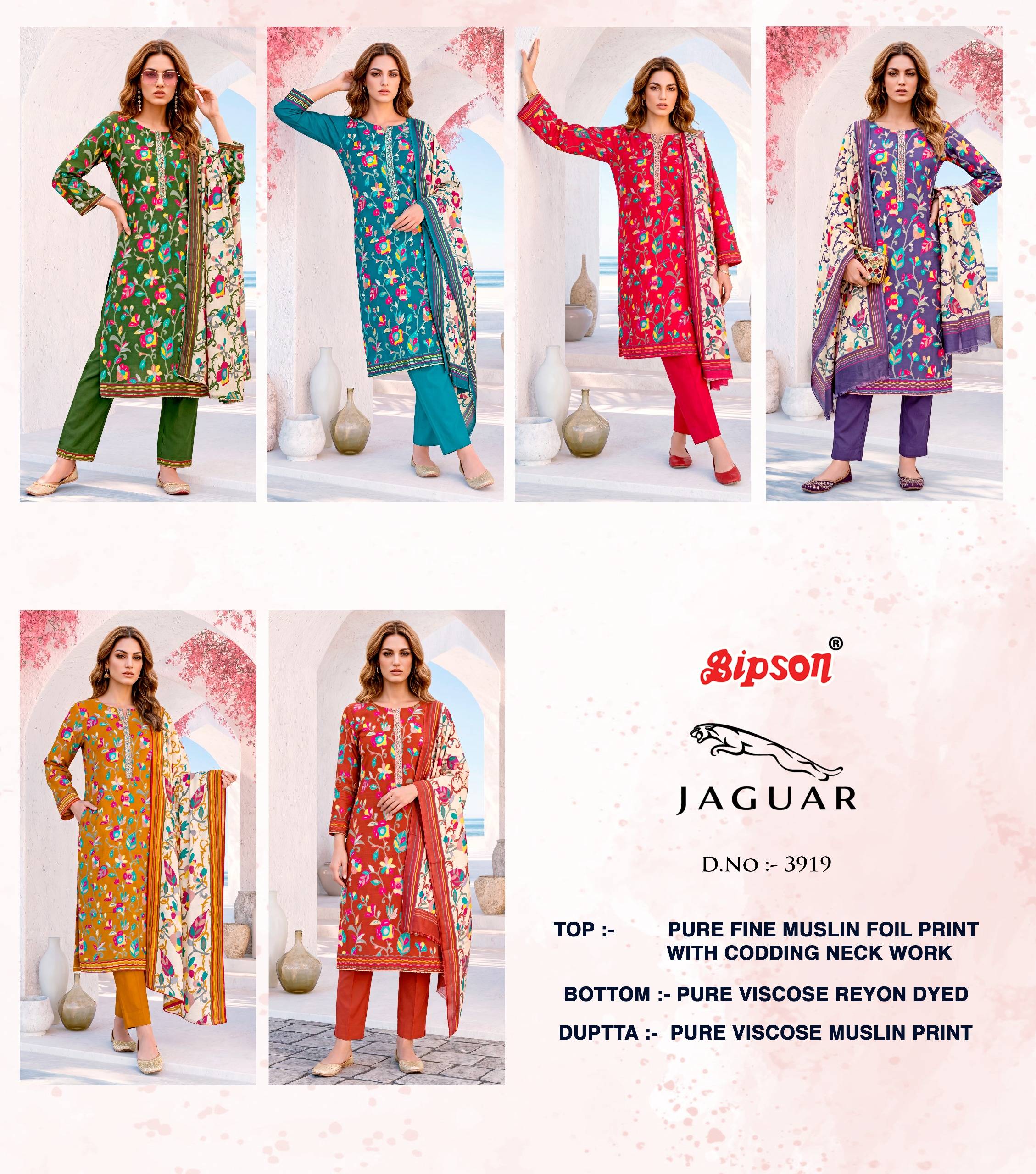 JAGUAR - 3919 Series By BIPSON PRINTS Stylish Beautiful Colourful Pure Muslin Dresses At Wholesale Price